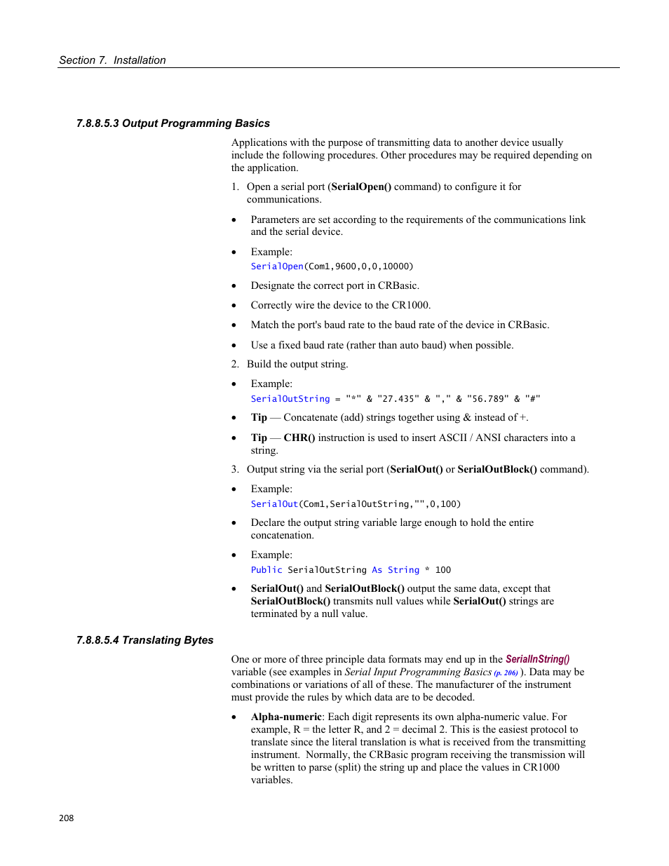 3 output programming basics, 4 translating bytes | Campbell Scientific CR1000 Measurement and Control System User Manual | Page 208 / 588