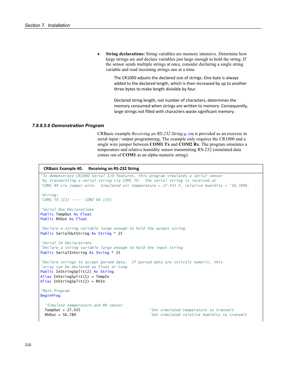 6 demonstration program, Crbasic example 40. receiving an rs-232 string | Campbell Scientific CR1000 Measurement and Control System User Manual | Page 210 / 588