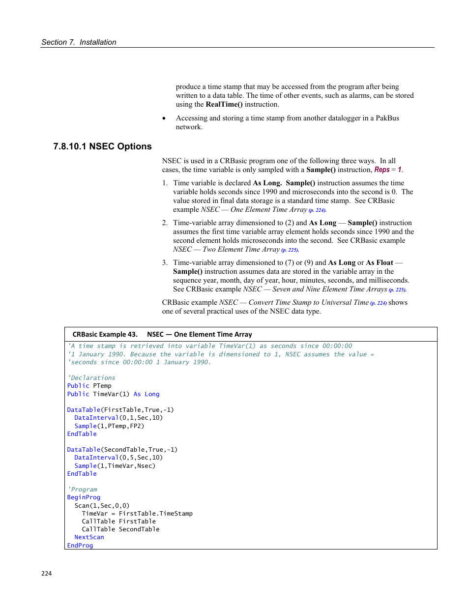 1 nsec options, Crbasic example 43. nsec — one element time array | Campbell Scientific CR1000 Measurement and Control System User Manual | Page 224 / 588