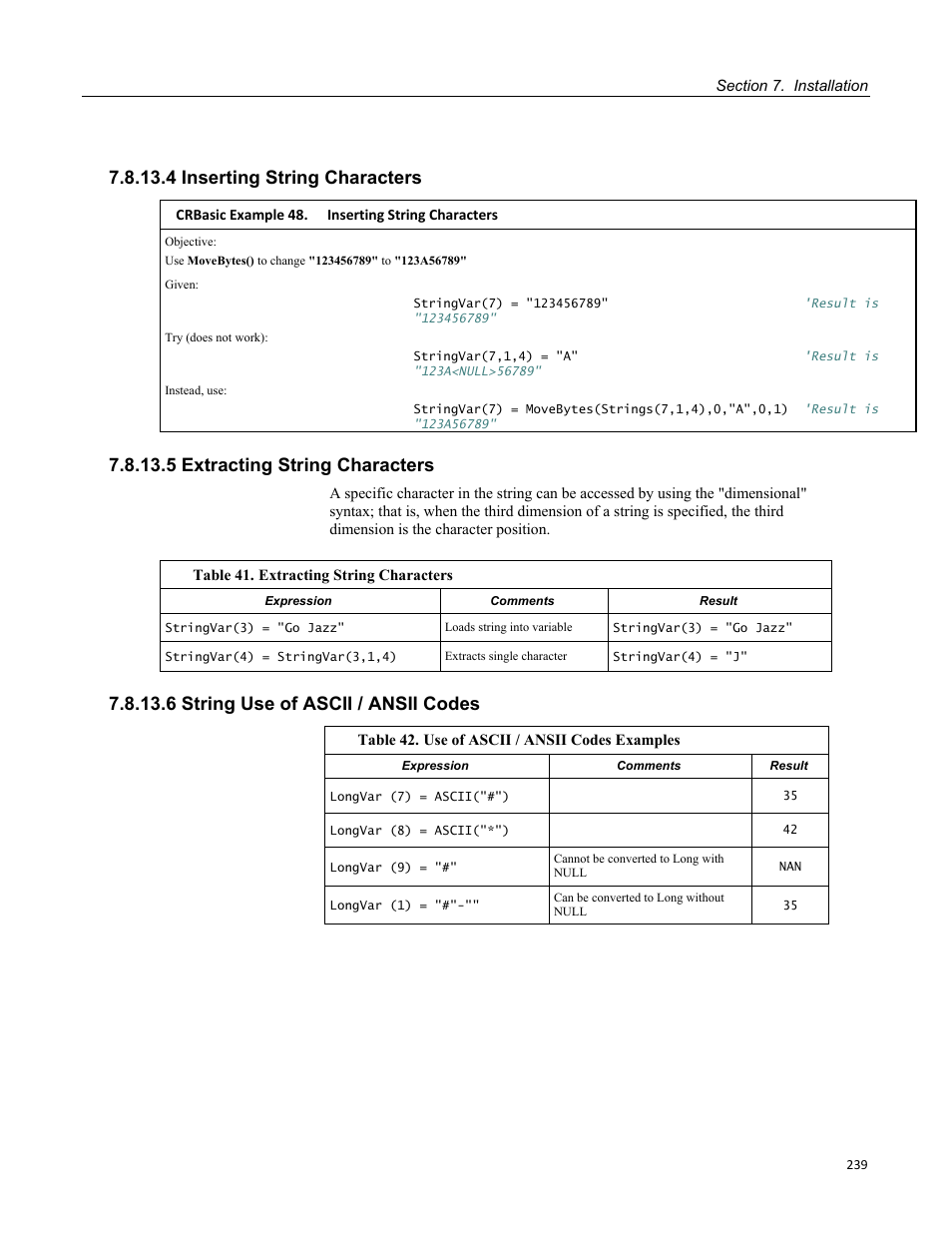 4 inserting string characters, 5 extracting string characters, 6 string use of ascii / ansii codes | Crbasic example 48. inserting string characters | Campbell Scientific CR1000 Measurement and Control System User Manual | Page 239 / 588