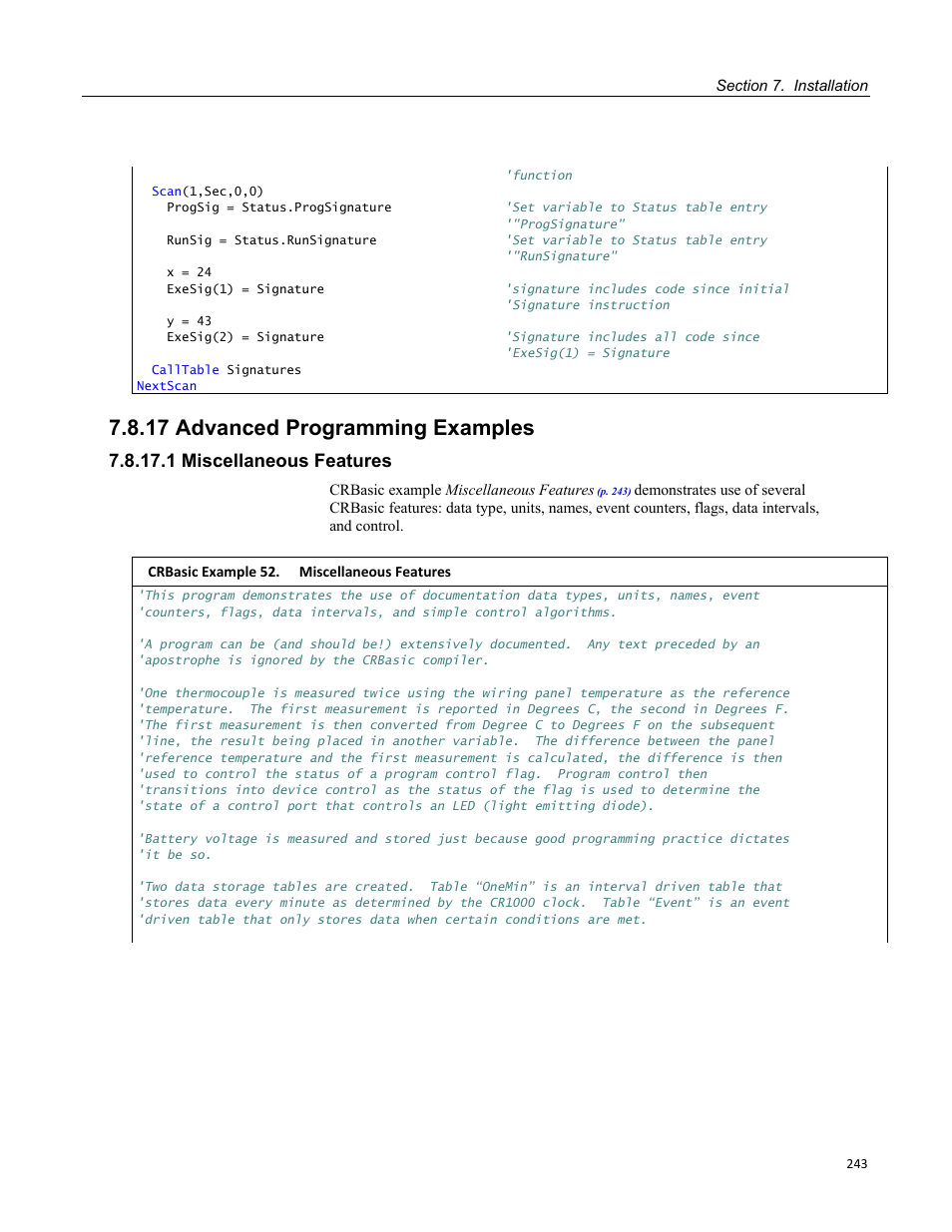 17 advanced programming examples, 1 miscellaneous features, Crbasic example 52. miscellaneous features | Campbell Scientific CR1000 Measurement and Control System User Manual | Page 243 / 588