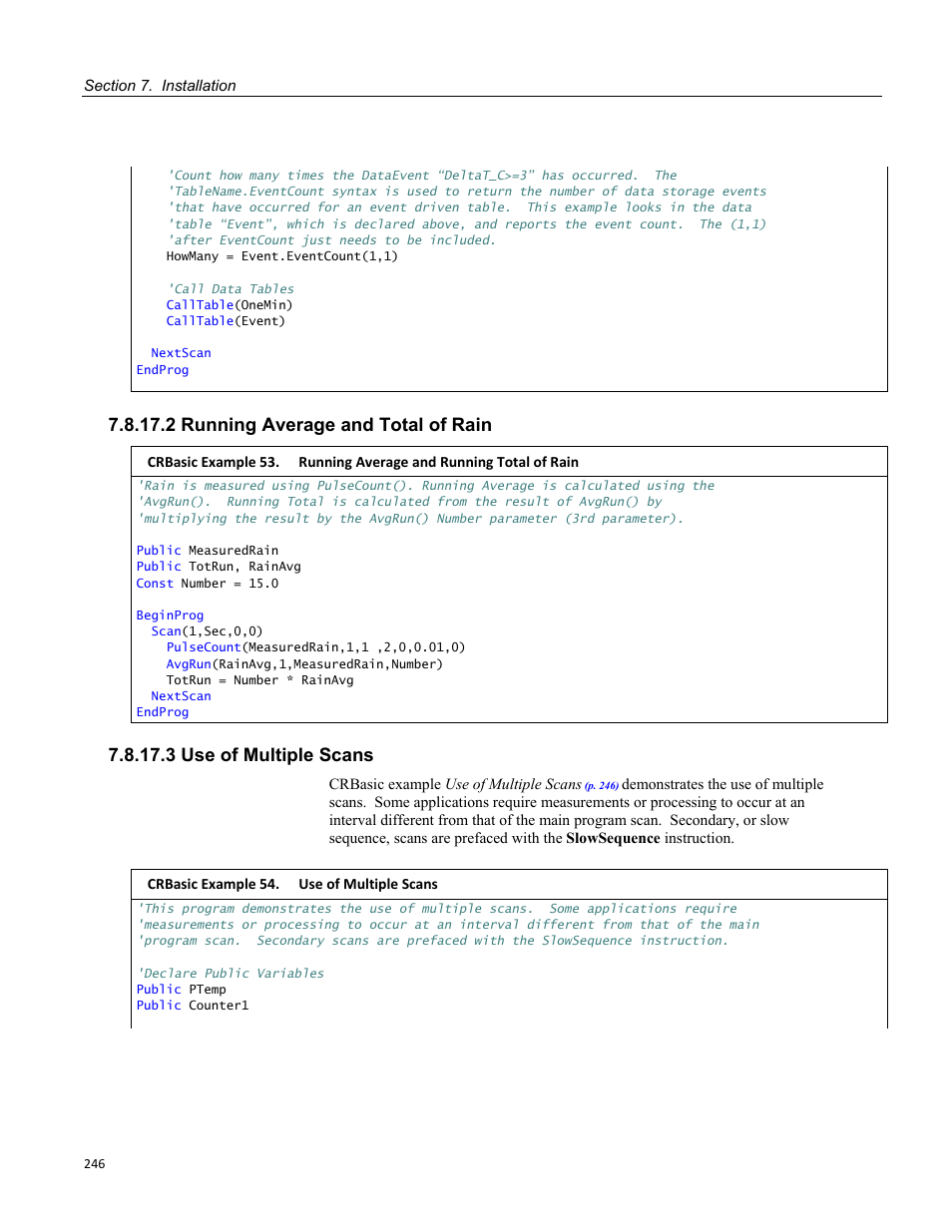 2 running average and total of rain, 3 use of multiple scans | Campbell Scientific CR1000 Measurement and Control System User Manual | Page 246 / 588