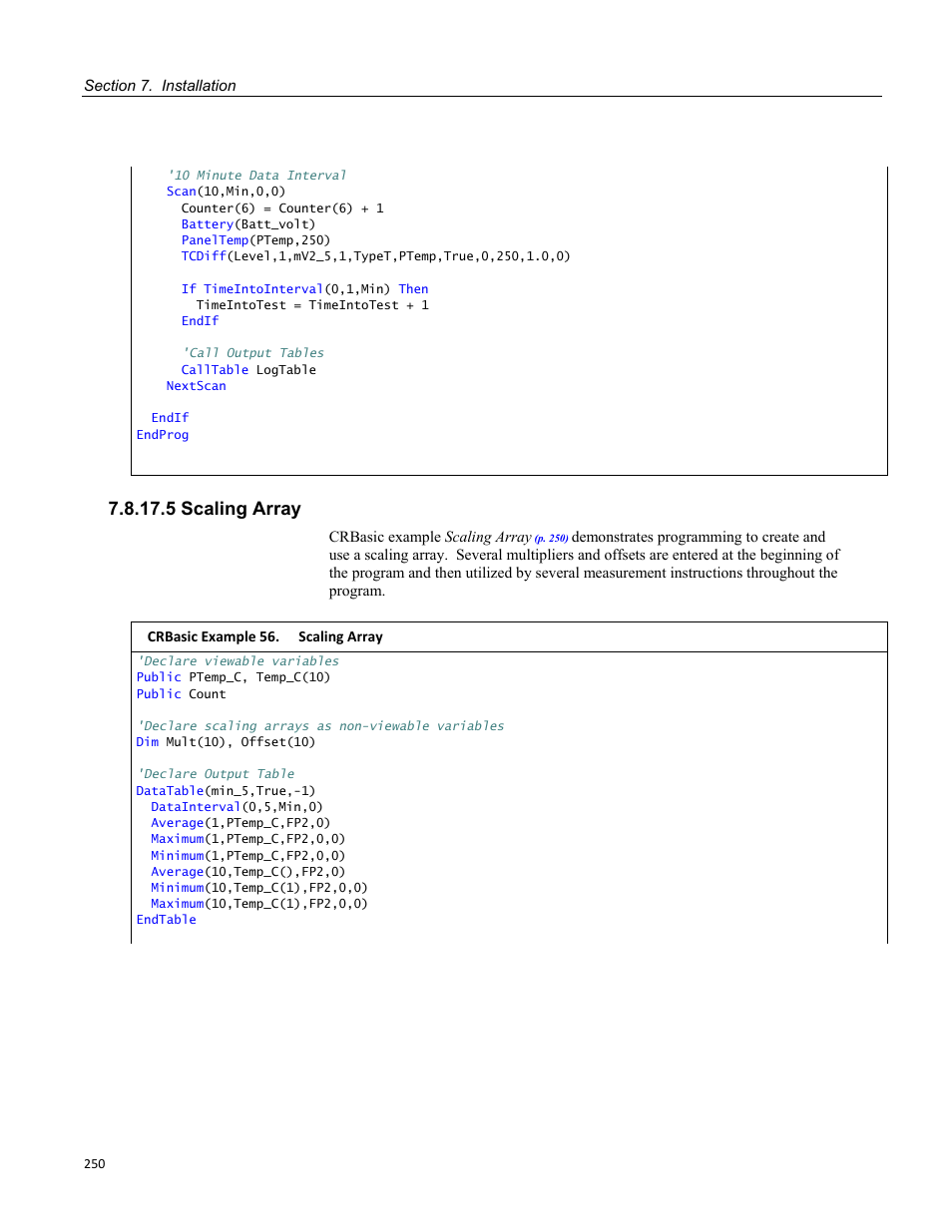 5 scaling array, Crbasic example 56. scaling array | Campbell Scientific CR1000 Measurement and Control System User Manual | Page 250 / 588