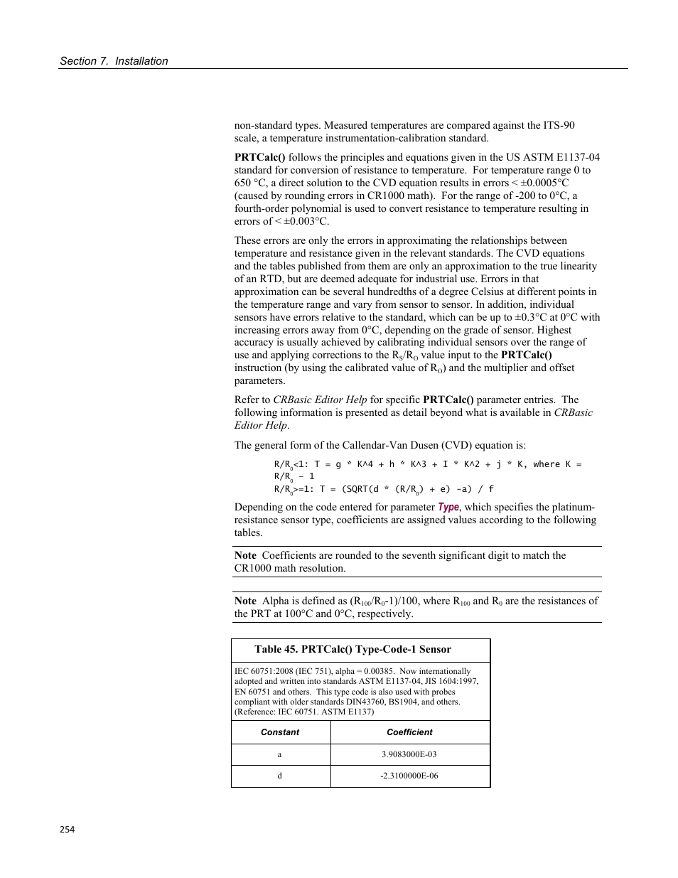 Table 45. prtcalc() type-code-1 sensor | Campbell Scientific CR1000 Measurement and Control System User Manual | Page 254 / 588