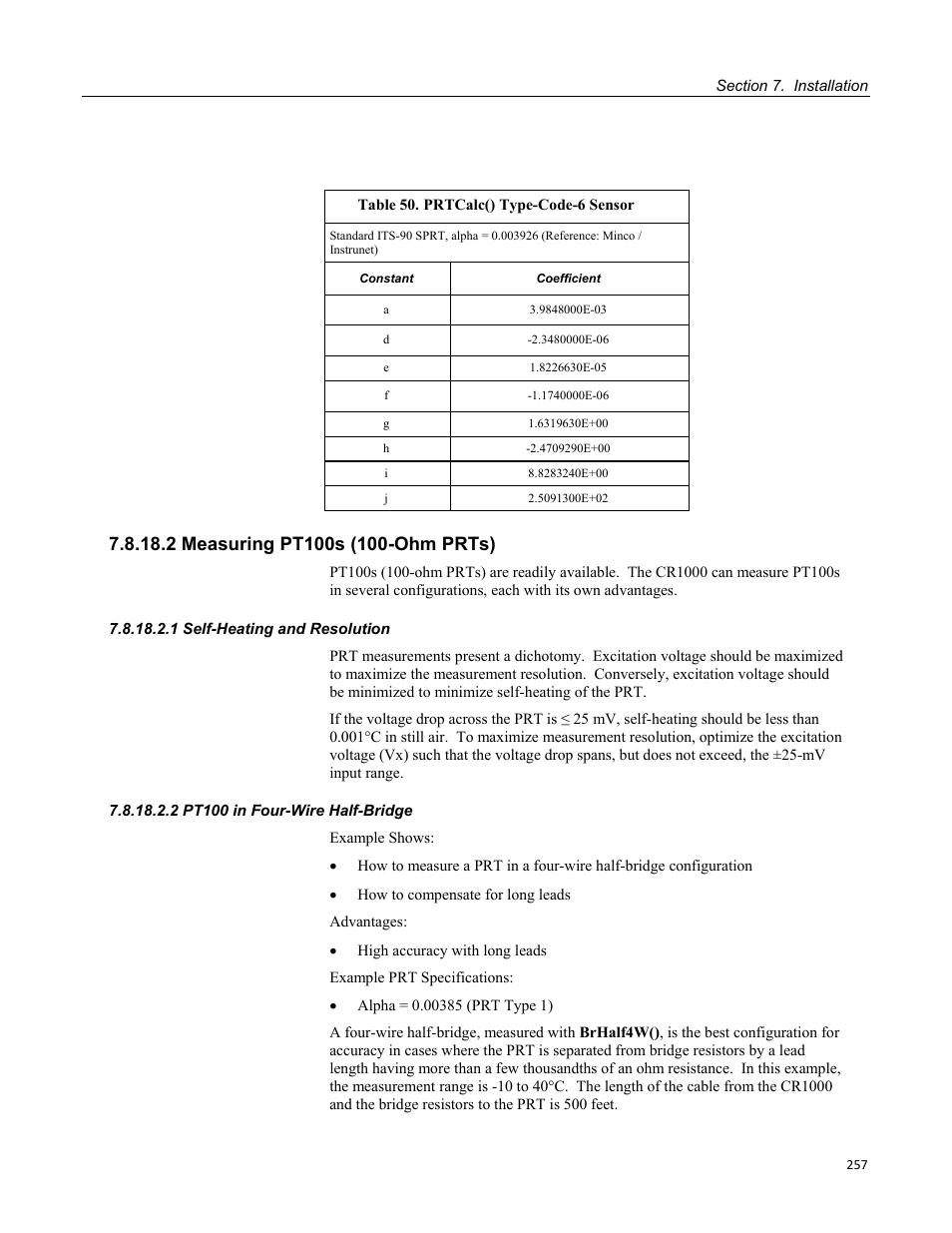 2 measuring pt100s (100-ohm prts), 1 self-heating and resolution, 2 pt100 in four-wire half-bridge | Table 50. prtcalc() type-code-6 sensor | Campbell Scientific CR1000 Measurement and Control System User Manual | Page 257 / 588
