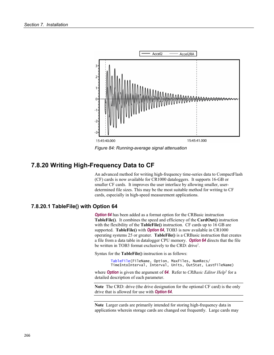 20 writing high-frequency data to cf, 1 tablefile() with option 64, Figure 84: running-average signal attenuation | Campbell Scientific CR1000 Measurement and Control System User Manual | Page 266 / 588
