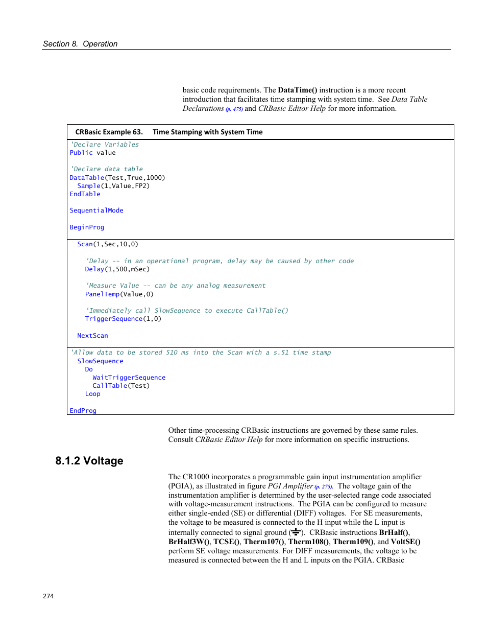 2 voltage, Crbasic example 63. time stamping with system time | Campbell Scientific CR1000 Measurement and Control System User Manual | Page 274 / 588