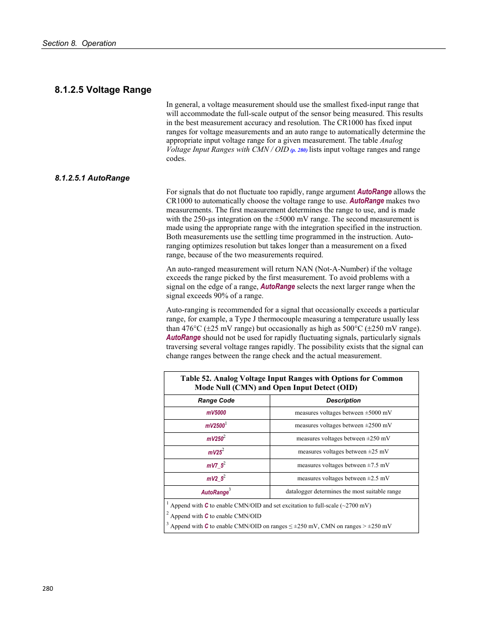 5 voltage range, 1 autorange, Mode null (cmn) and open input detect (oid) | Campbell Scientific CR1000 Measurement and Control System User Manual | Page 280 / 588