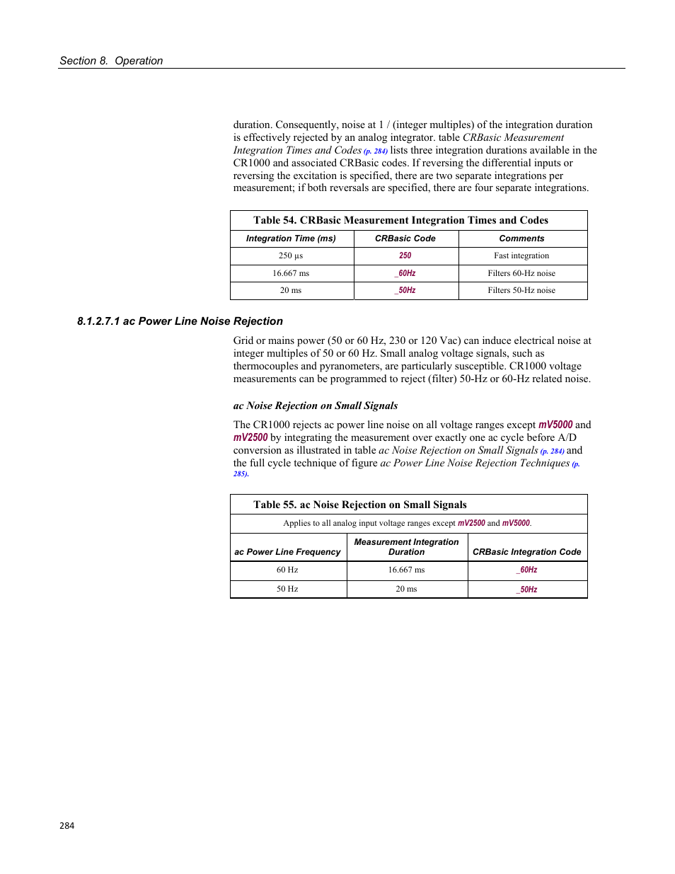 1 ac power line noise rejection | Campbell Scientific CR1000 Measurement and Control System User Manual | Page 284 / 588