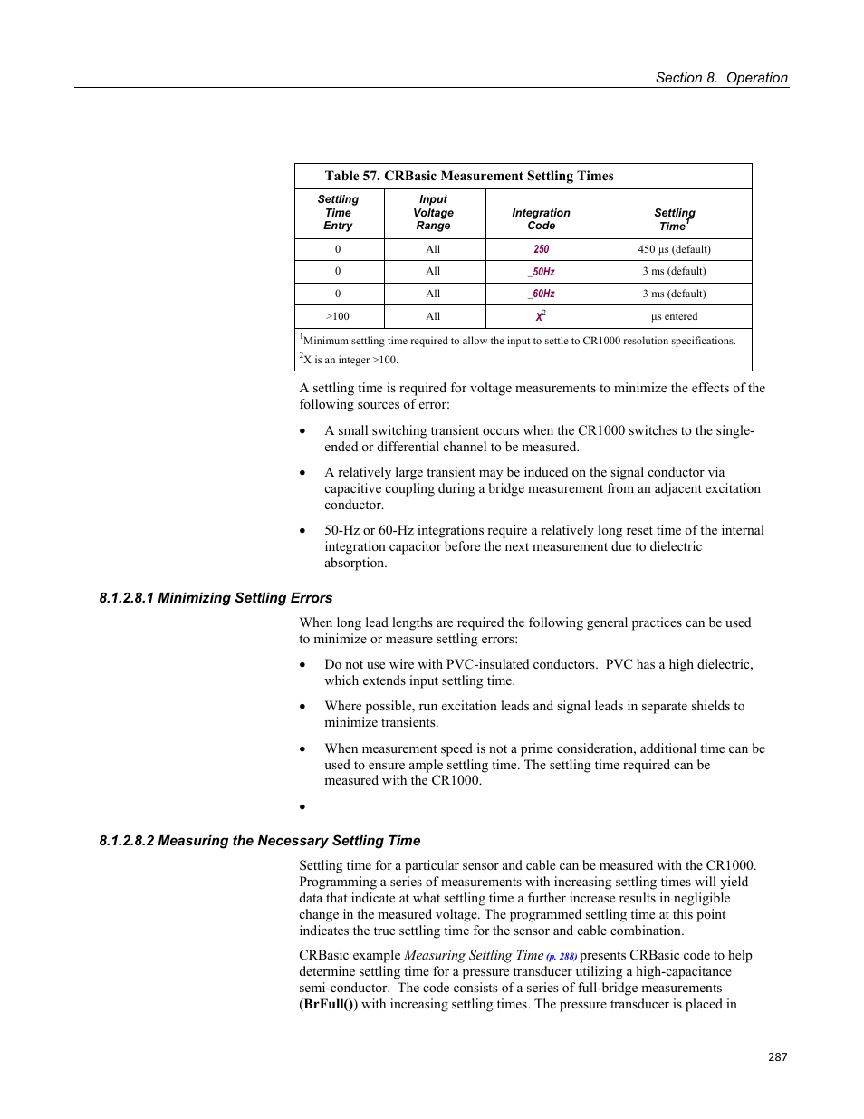 1 minimizing settling errors, 2 measuring the necessary settling time, Table 57. crbasic measurement settling times | Campbell Scientific CR1000 Measurement and Control System User Manual | Page 287 / 588