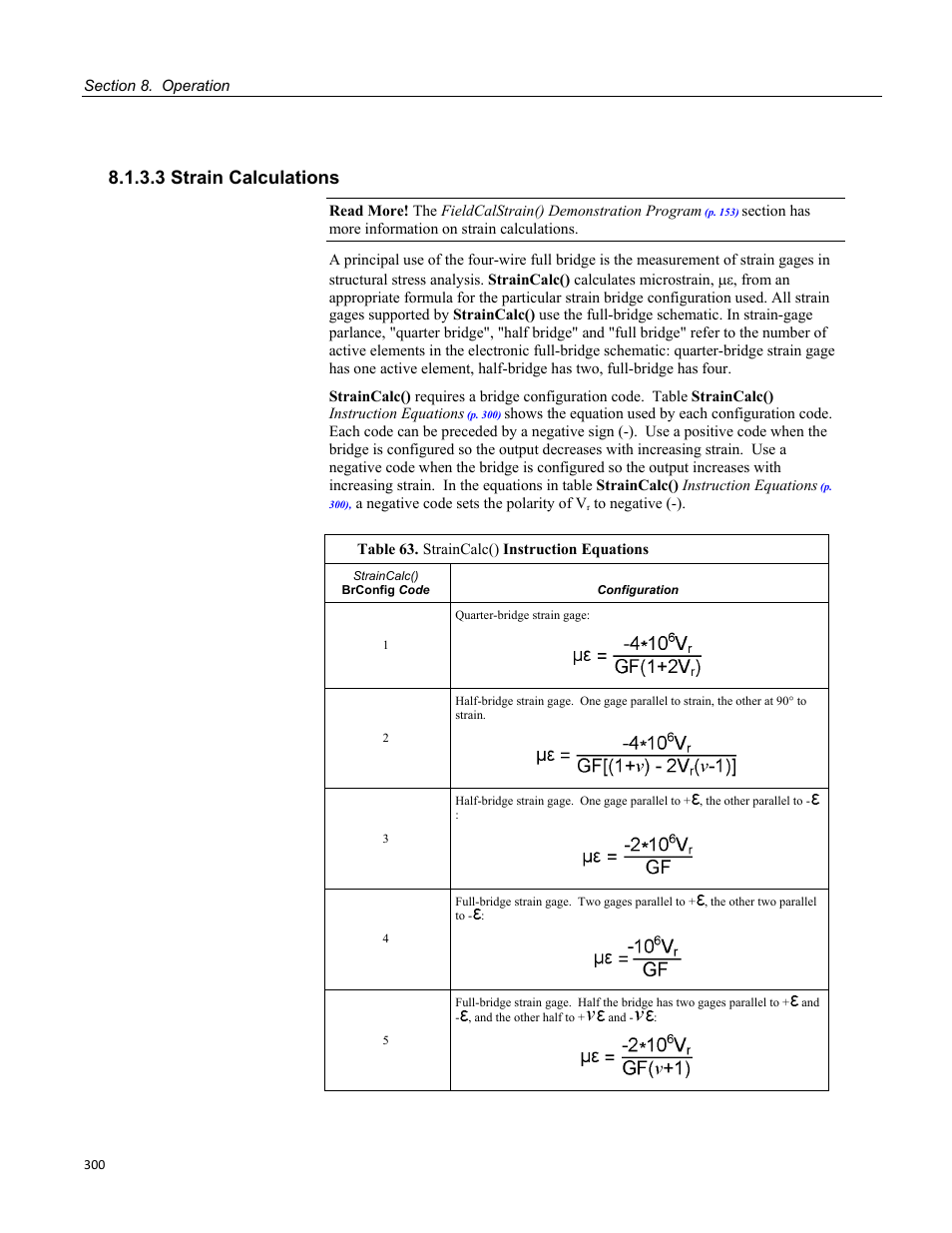 3 strain calculations, Table 63. straincalc() instruction equations | Campbell Scientific CR1000 Measurement and Control System User Manual | Page 300 / 588