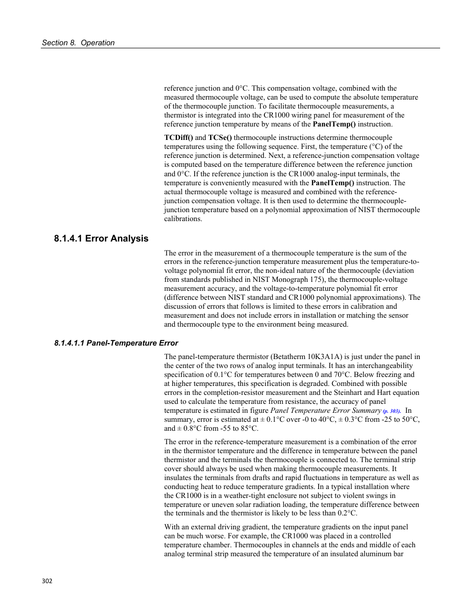 1 error analysis, 1 panel-temperature error | Campbell Scientific CR1000 Measurement and Control System User Manual | Page 302 / 588