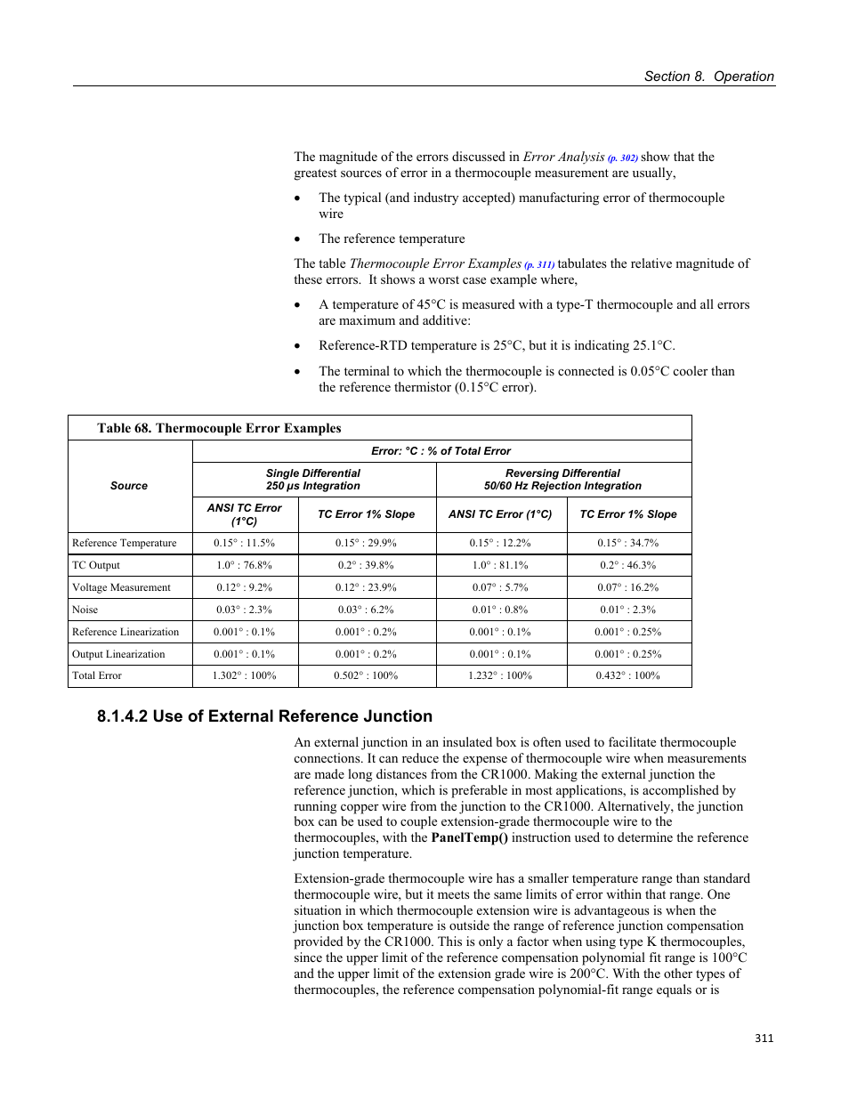 2 use of external reference junction, Table 68. thermocouple error examples | Campbell Scientific CR1000 Measurement and Control System User Manual | Page 311 / 588