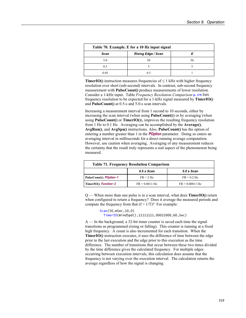 Table 70. example. e for a 10 hz input signal, Table 71. frequency resolution comparison | Campbell Scientific CR1000 Measurement and Control System User Manual | Page 319 / 588