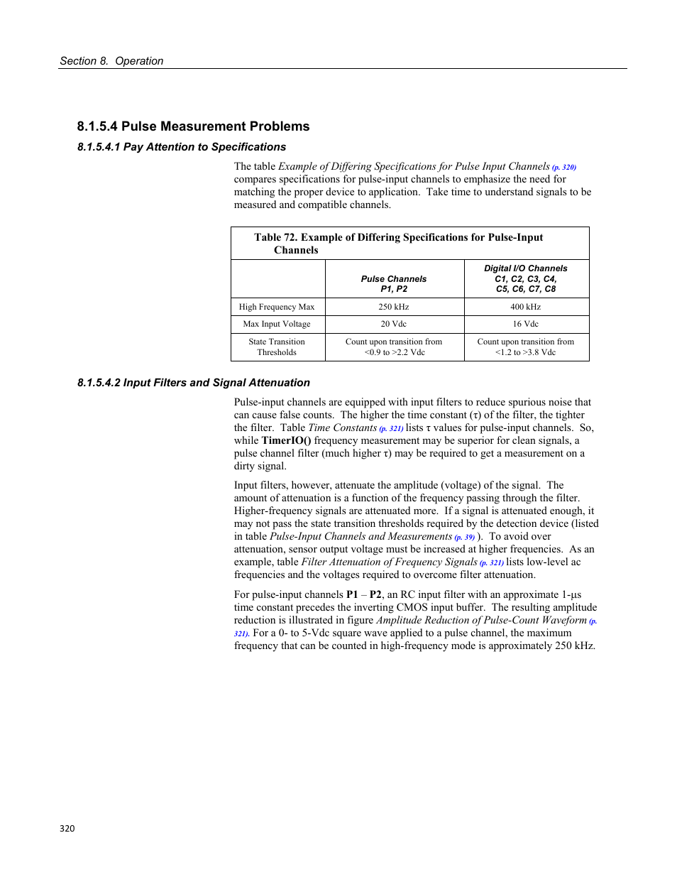 4 pulse measurement problems, 1 pay attention to specifications, 2 input filters and signal attenuation | Campbell Scientific CR1000 Measurement and Control System User Manual | Page 320 / 588