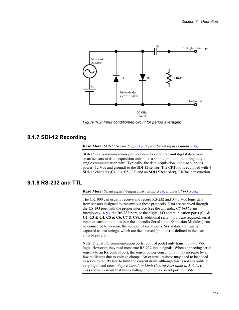 7 sdi-12 recording, 8 rs-232 and ttl | Campbell Scientific CR1000 Measurement and Control System User Manual | Page 323 / 588