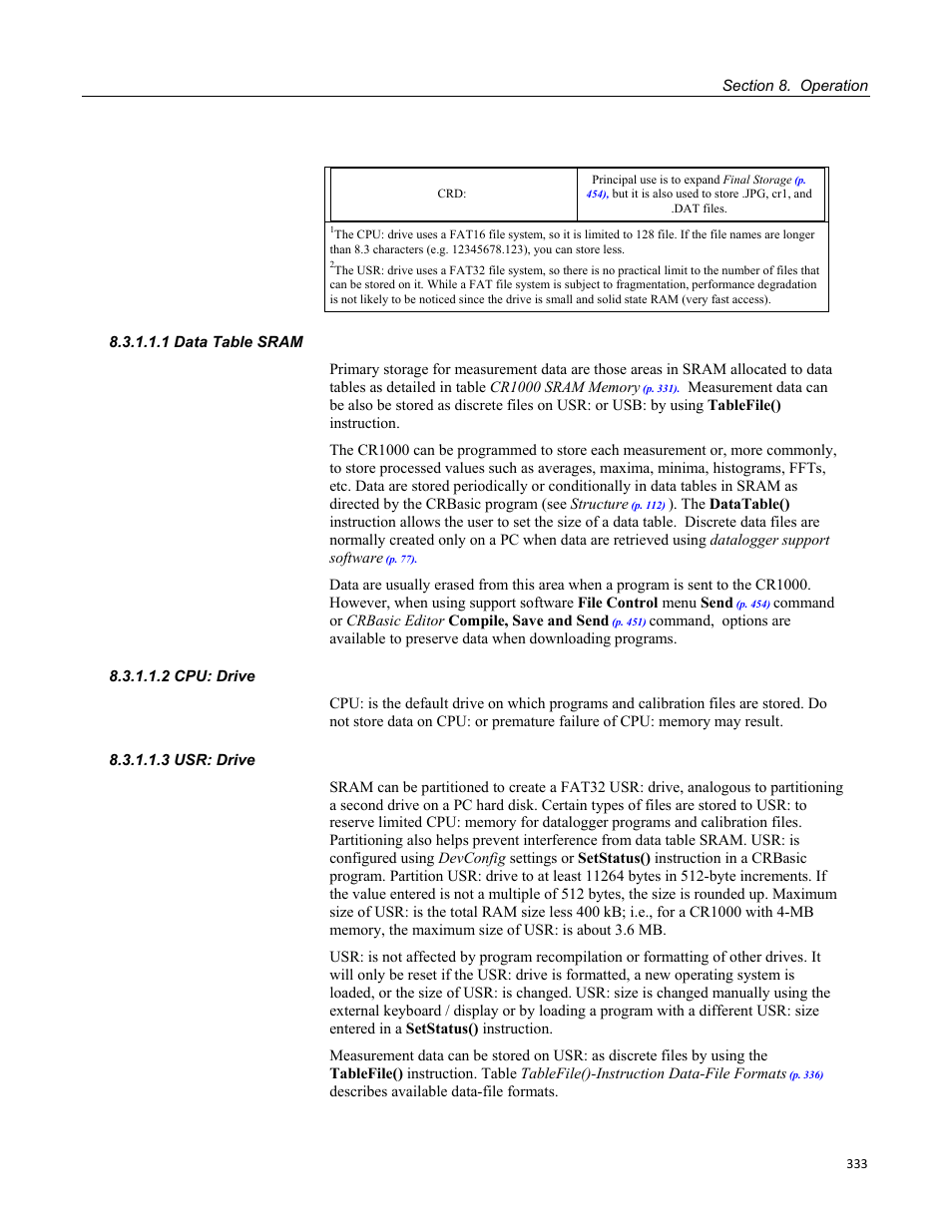 1 data table sram, 2 cpu: drive, 3 usr: drive | Campbell Scientific CR1000 Measurement and Control System User Manual | Page 333 / 588