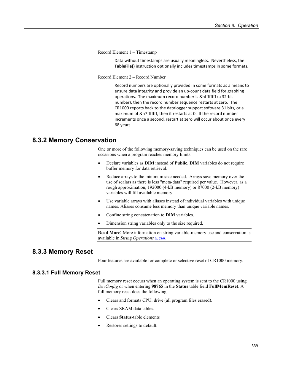 2 memory conservation, 3 memory reset, 1 full memory reset | Campbell Scientific CR1000 Measurement and Control System User Manual | Page 339 / 588