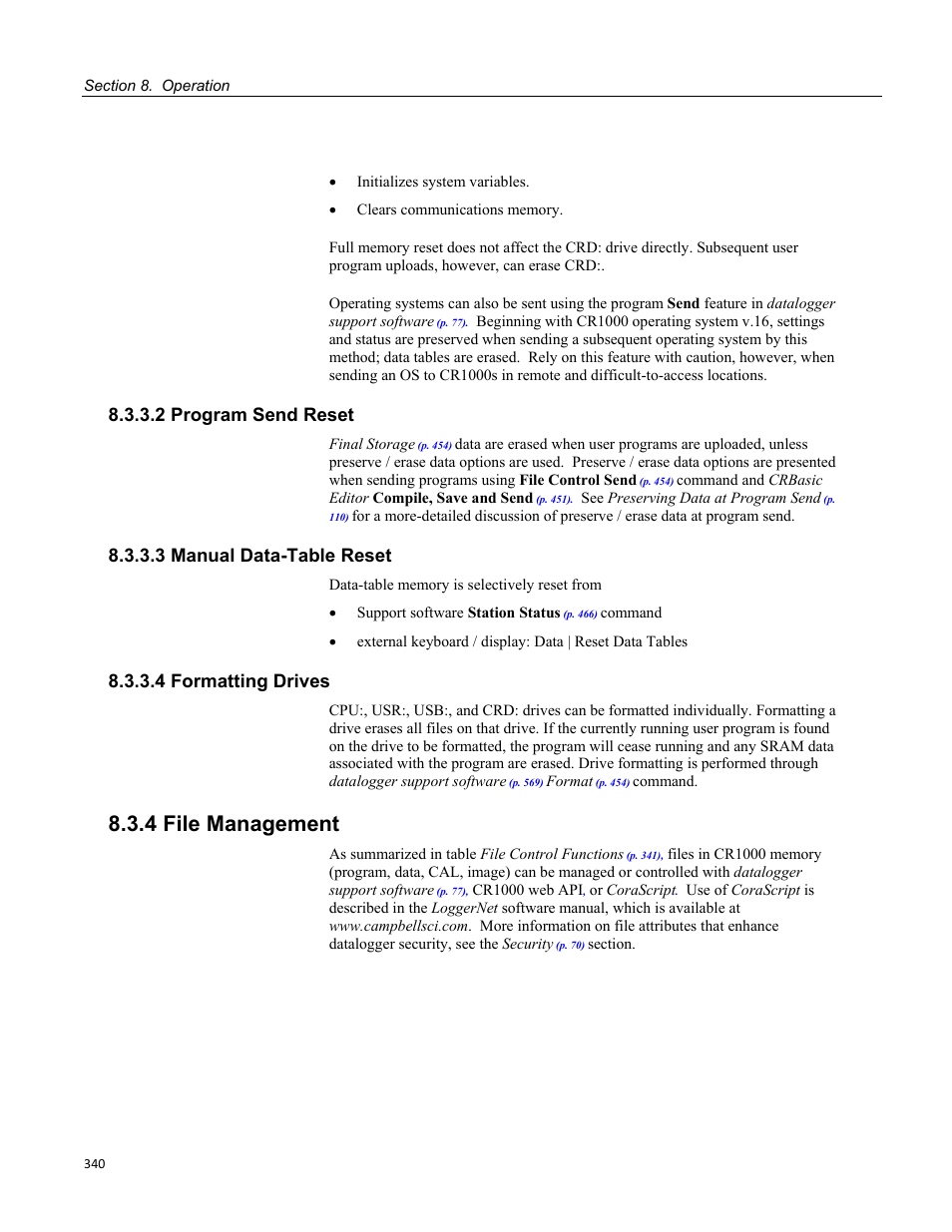 2 program send reset, 3 manual data-table reset, 4 formatting drives | 4 file management | Campbell Scientific CR1000 Measurement and Control System User Manual | Page 340 / 588