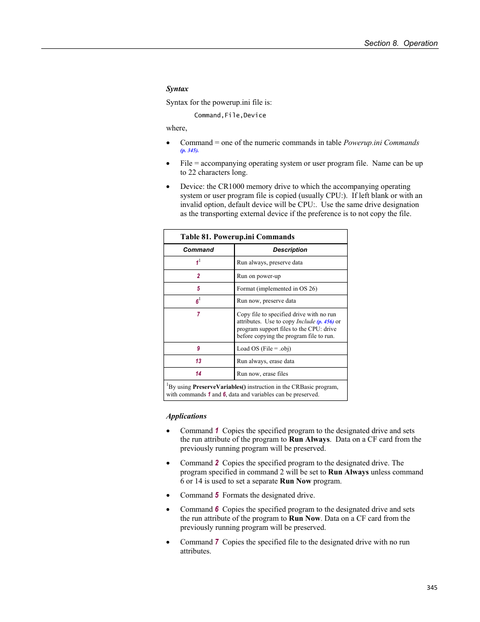 Table 81. powerup.ini commands, P. 345) | Campbell Scientific CR1000 Measurement and Control System User Manual | Page 345 / 588