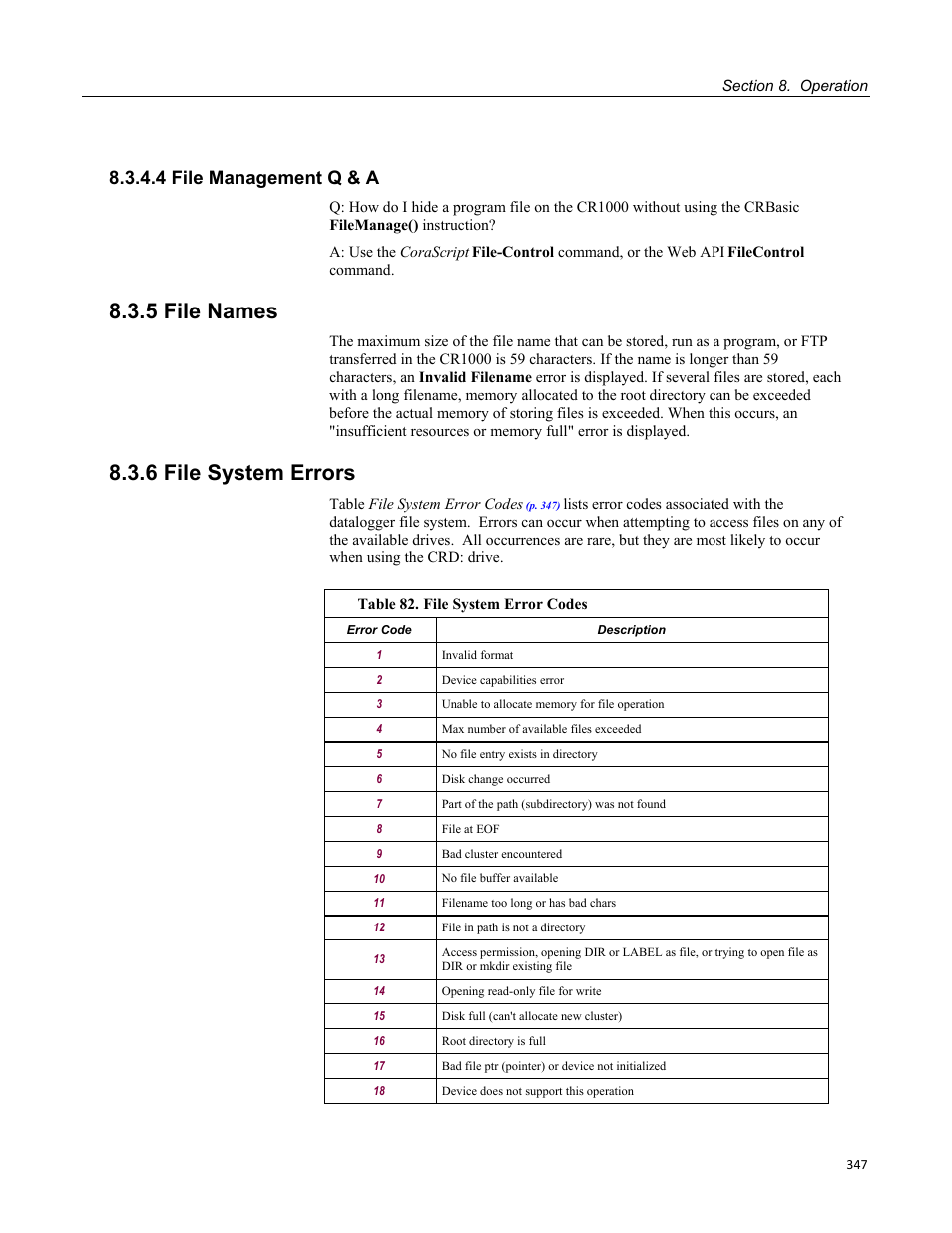 4 file management q & a, 5 file names, 6 file system errors | Table 82. file system error codes | Campbell Scientific CR1000 Measurement and Control System User Manual | Page 347 / 588