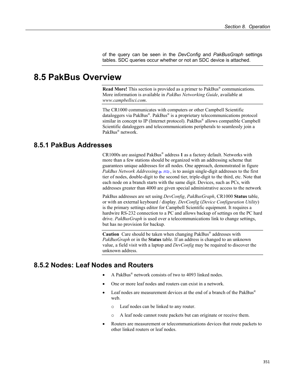 5 pakbus overview, 1 pakbus addresses, 2 nodes: leaf nodes and routers | Campbell Scientific CR1000 Measurement and Control System User Manual | Page 351 / 588