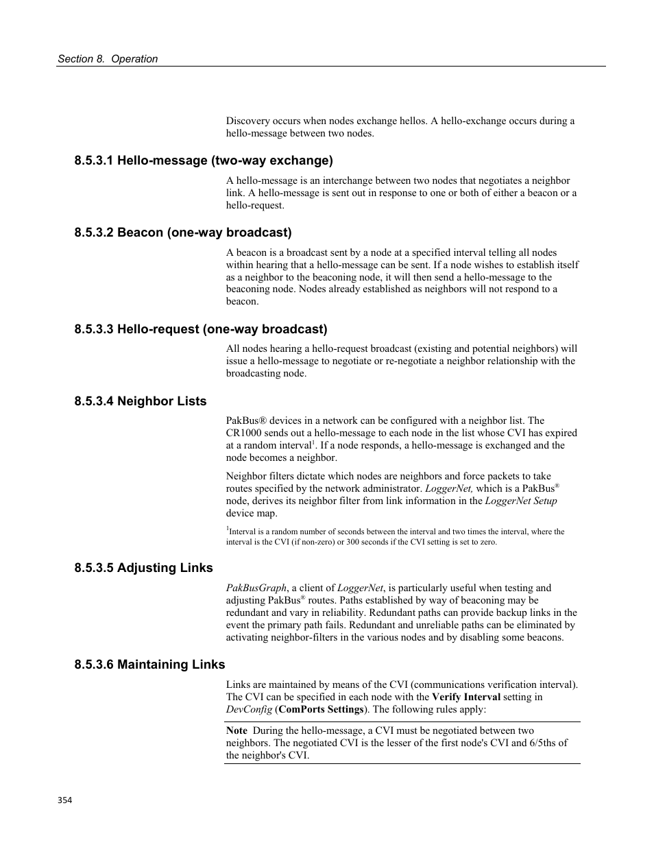 1 hello-message (two-way exchange), 2 beacon (one-way broadcast), 3 hello-request (one-way broadcast) | 4 neighbor lists, 5 adjusting links, 6 maintaining links | Campbell Scientific CR1000 Measurement and Control System User Manual | Page 354 / 588