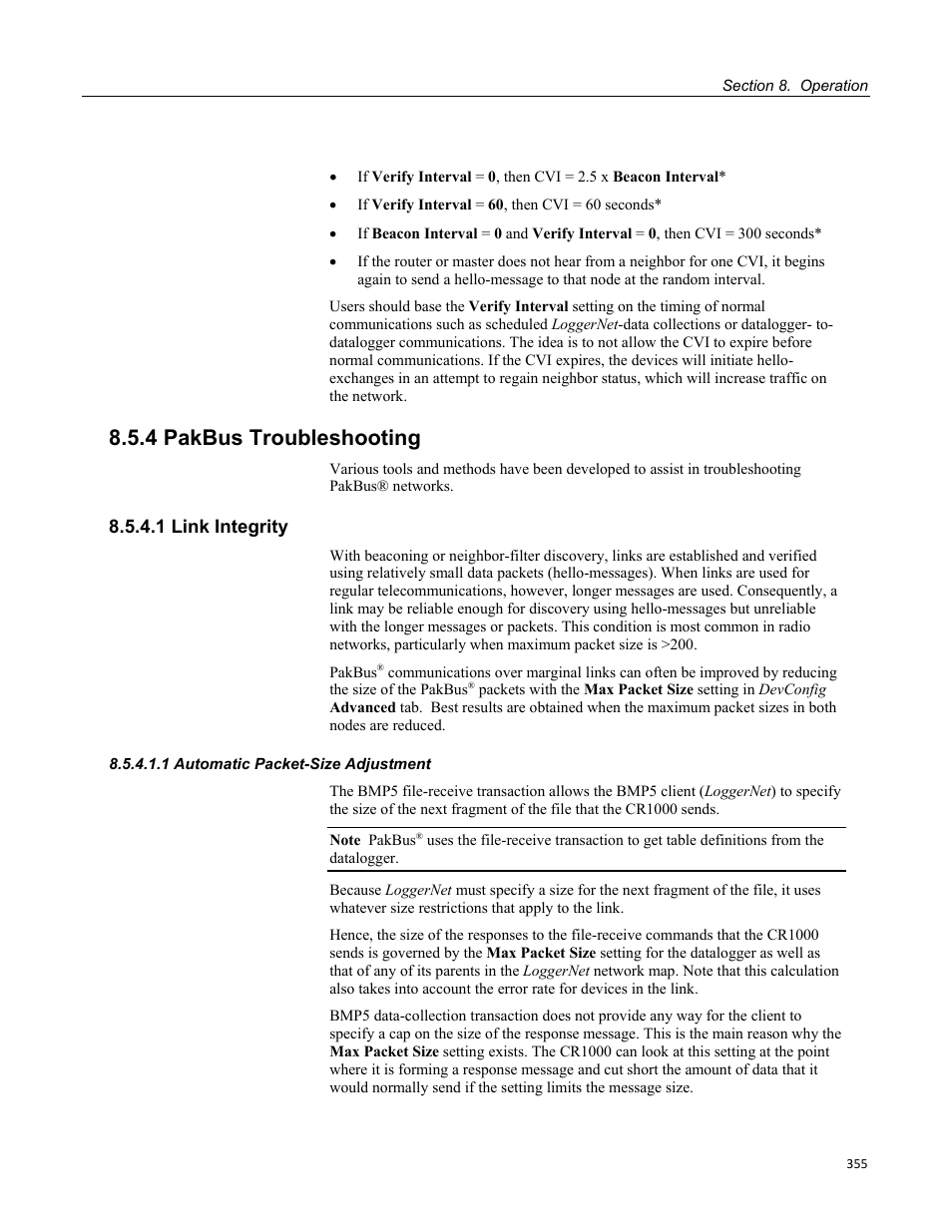 4 pakbus troubleshooting, 1 link integrity, 1 automatic packet-size adjustment | Campbell Scientific CR1000 Measurement and Control System User Manual | Page 355 / 588