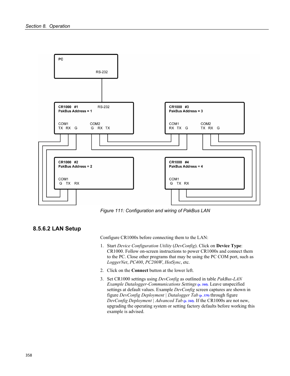 2 lan setup, Figure 111: configuration and wiring of pakbus lan | Campbell Scientific CR1000 Measurement and Control System User Manual | Page 358 / 588