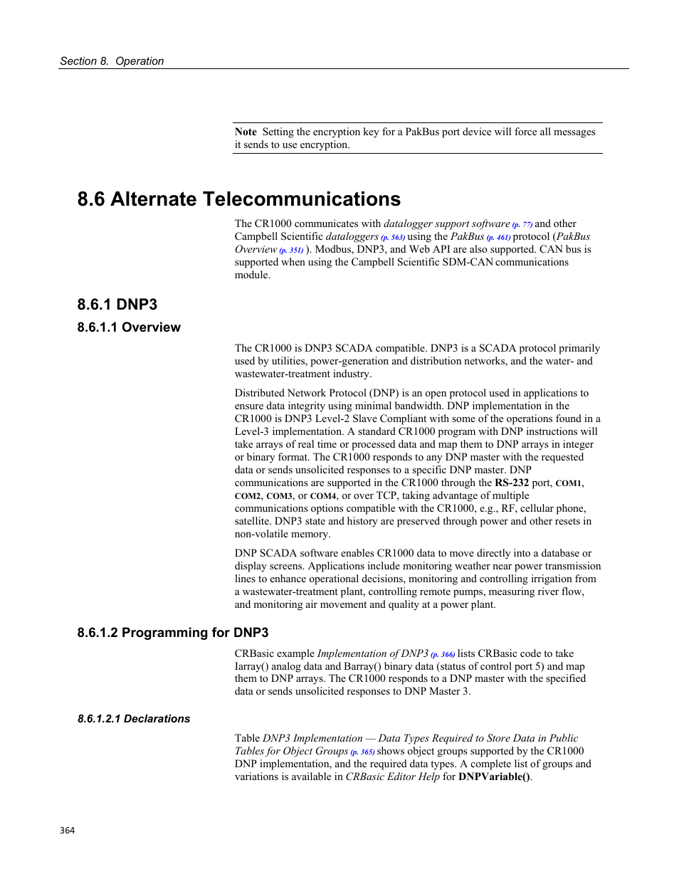 6 alternate telecommunications, 1 dnp3, 1 overview | 2 programming for dnp3, 1 declarations | Campbell Scientific CR1000 Measurement and Control System User Manual | Page 364 / 588