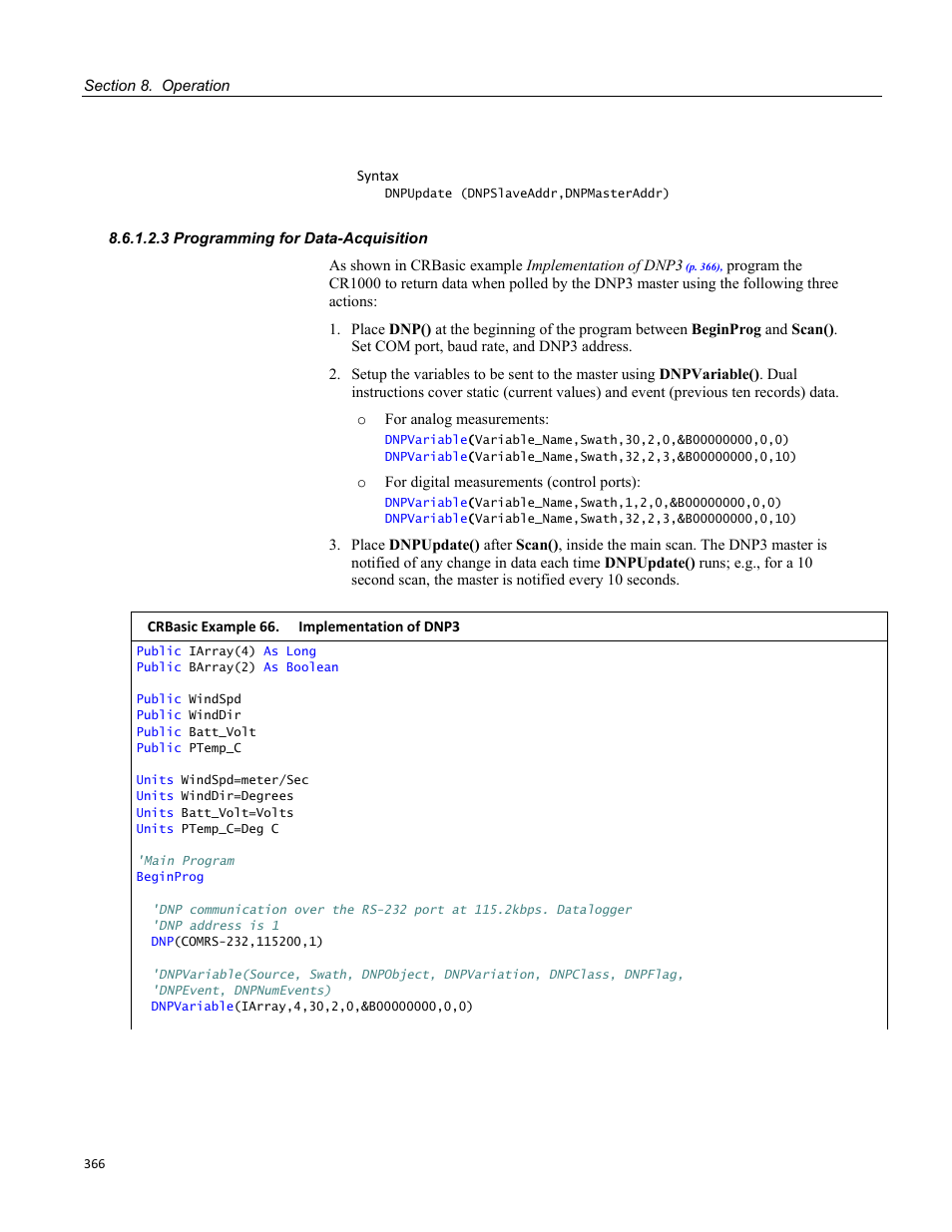 3 programming for data-acquisition, Crbasic example 66. implementation of dnp3 | Campbell Scientific CR1000 Measurement and Control System User Manual | Page 366 / 588