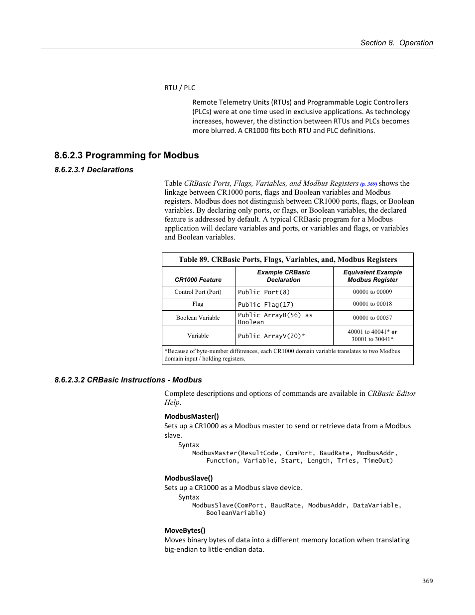 3 programming for modbus, 1 declarations, 2 crbasic instructions - modbus | Campbell Scientific CR1000 Measurement and Control System User Manual | Page 369 / 588