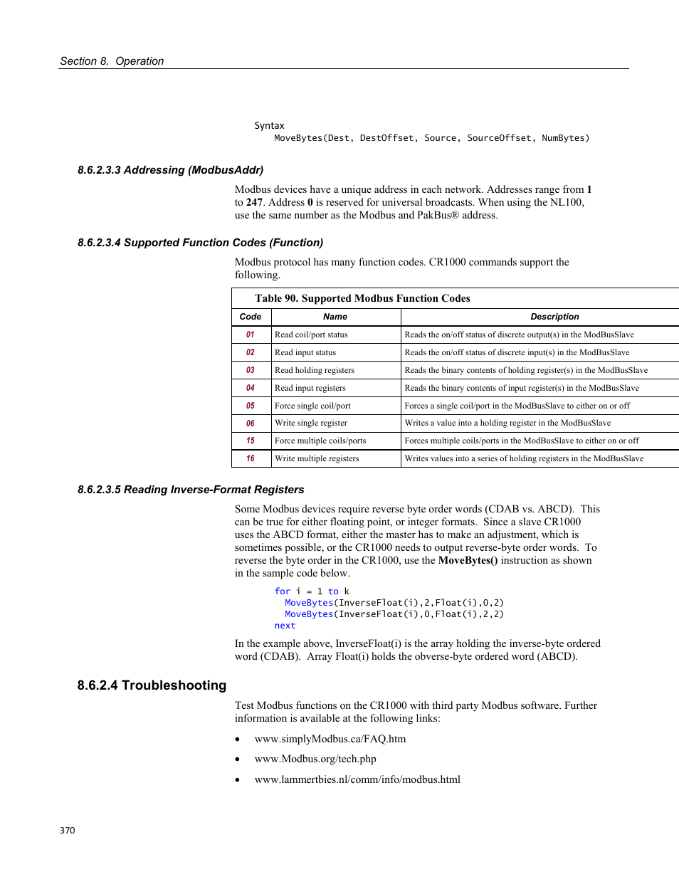 3 addressing (modbusaddr), 4 supported function codes (function), 5 reading inverse-format registers | 4 troubleshooting, Table 90. supported modbus function codes | Campbell Scientific CR1000 Measurement and Control System User Manual | Page 370 / 588