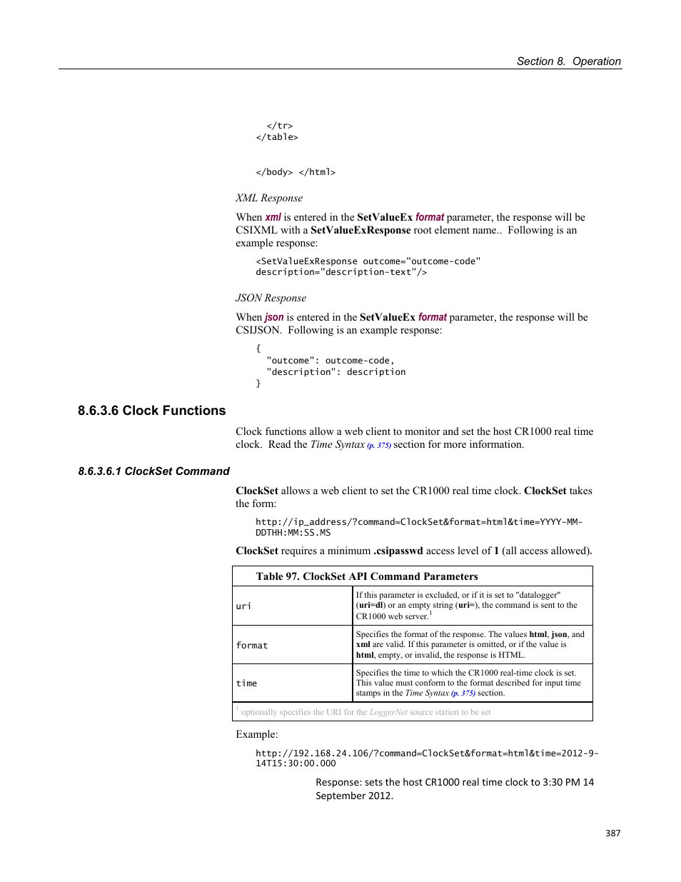 6 clock functions, 1 clockset command, Table 97. clockset api command parameters | Campbell Scientific CR1000 Measurement and Control System User Manual | Page 387 / 588