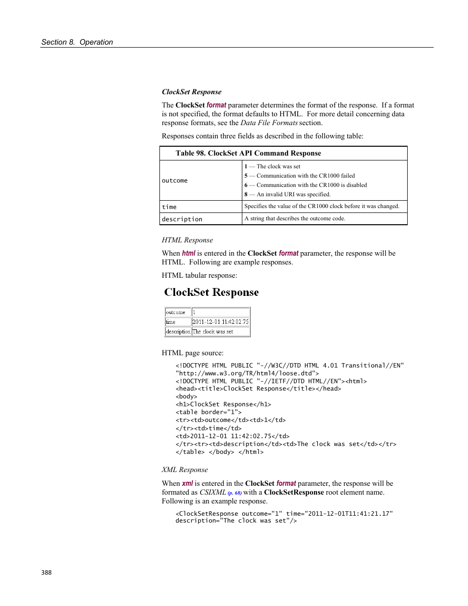 Table 98. clockset api command response | Campbell Scientific CR1000 Measurement and Control System User Manual | Page 388 / 588