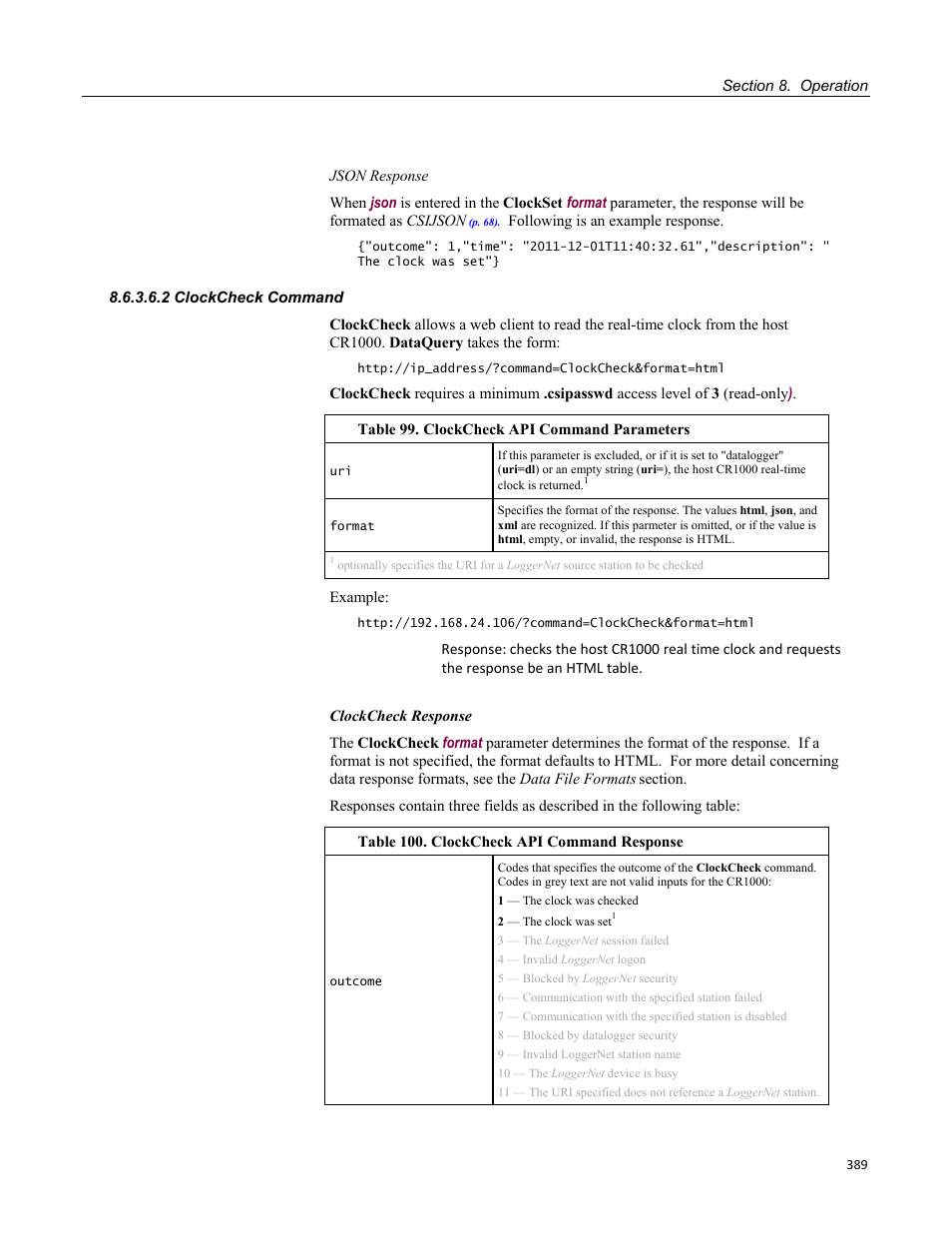 2 clockcheck command | Campbell Scientific CR1000 Measurement and Control System User Manual | Page 389 / 588