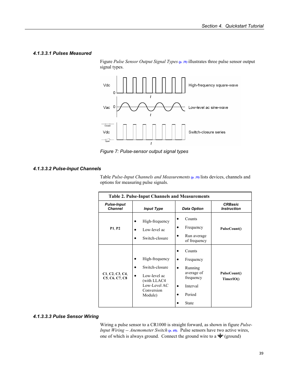 1 pulses measured, 2 pulse-input channels, 3 pulse sensor wiring | Figure 7: pulse-sensor output signal types, Table 2. pulse-input channels and measurements | Campbell Scientific CR1000 Measurement and Control System User Manual | Page 39 / 588