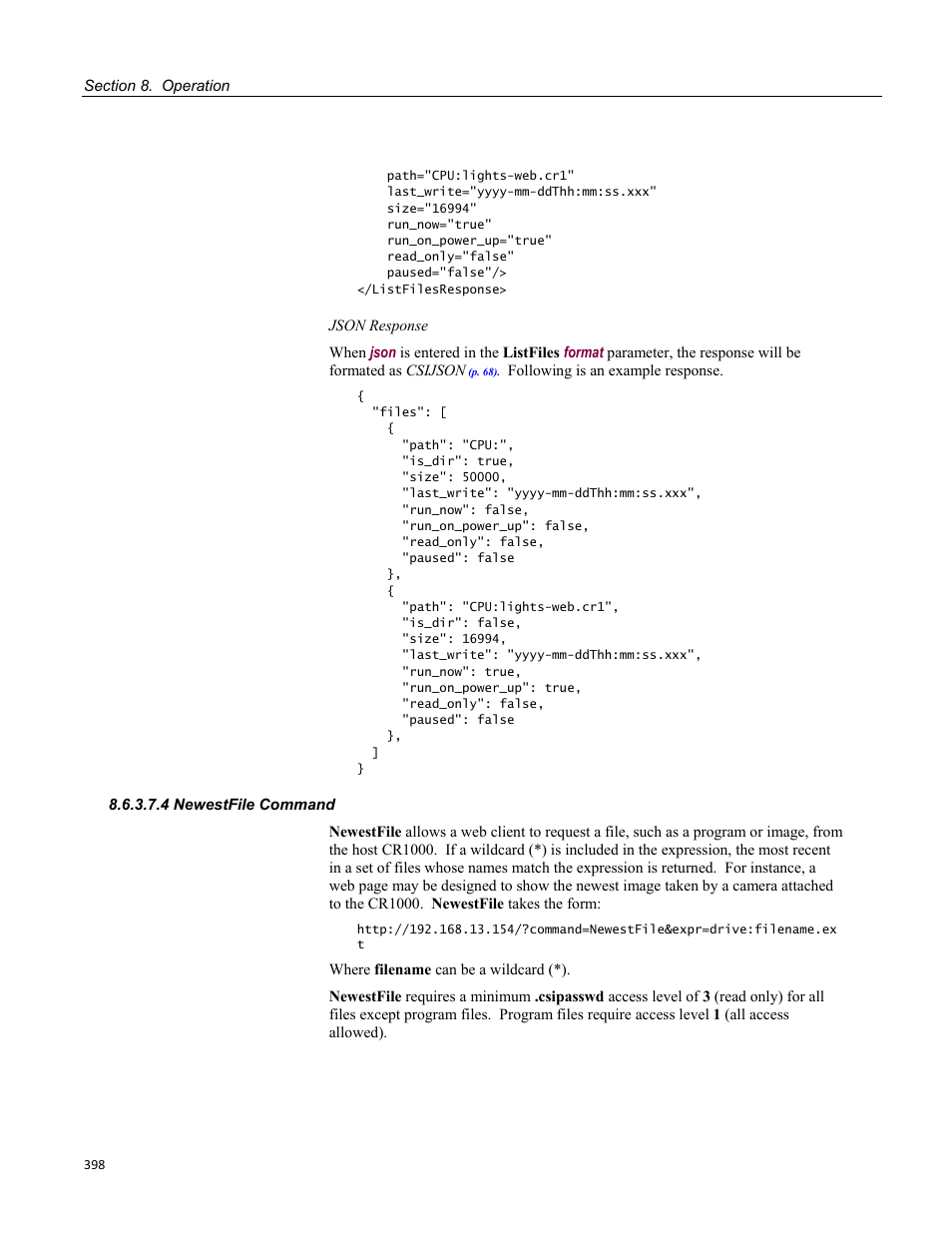 4 newestfile command | Campbell Scientific CR1000 Measurement and Control System User Manual | Page 398 / 588