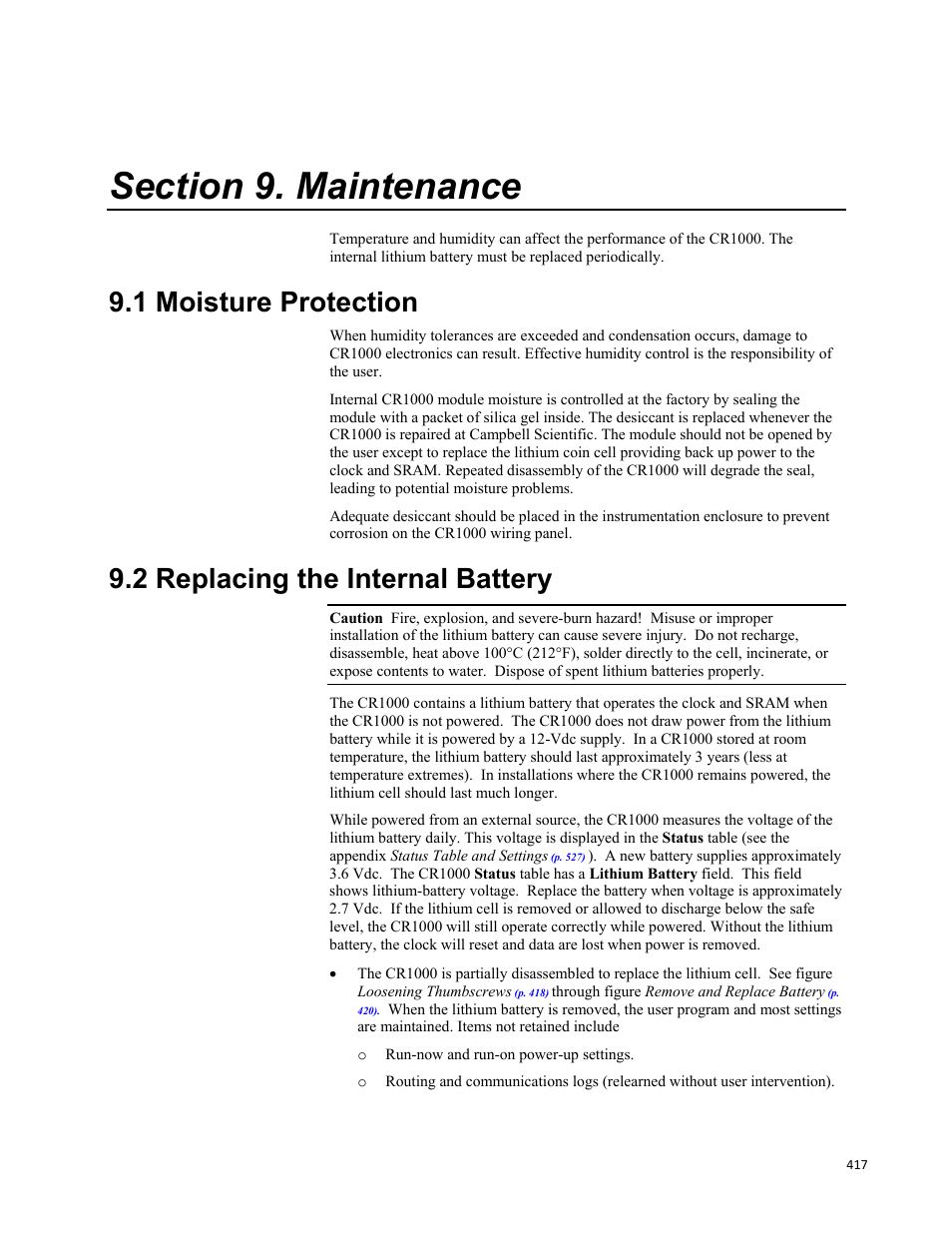 Section 9. maintenance, 1 moisture protection, 2 replacing the internal battery | Campbell Scientific CR1000 Measurement and Control System User Manual | Page 417 / 588