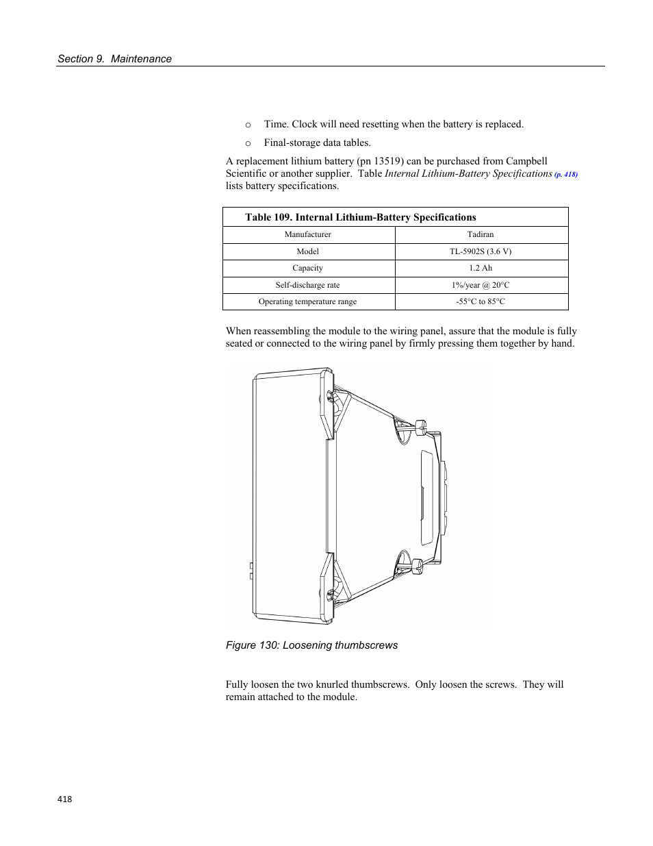 Figure 130: loosening thumbscrews, Table 109. internal lithium-battery specifications | Campbell Scientific CR1000 Measurement and Control System User Manual | Page 418 / 588