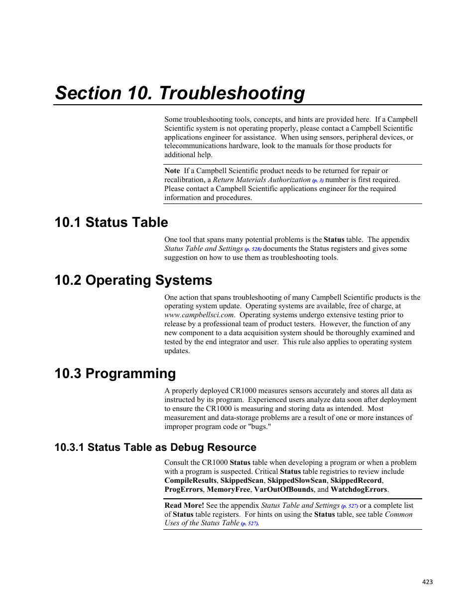 Section 10. troubleshooting, 1 status table, 2 operating systems | 3 programming, 1 status table as debug resource | Campbell Scientific CR1000 Measurement and Control System User Manual | Page 423 / 588