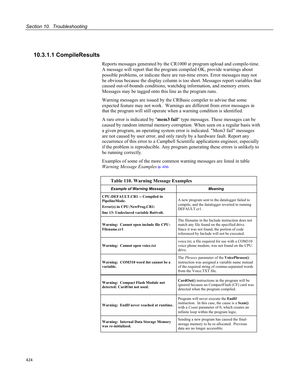 1 compileresults, Table 110. warning message examples | Campbell Scientific CR1000 Measurement and Control System User Manual | Page 424 / 588