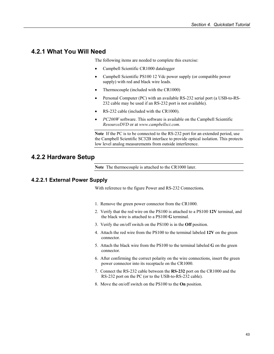 1 what you will need, 2 hardware setup, 1 external power supply | Campbell Scientific CR1000 Measurement and Control System User Manual | Page 43 / 588