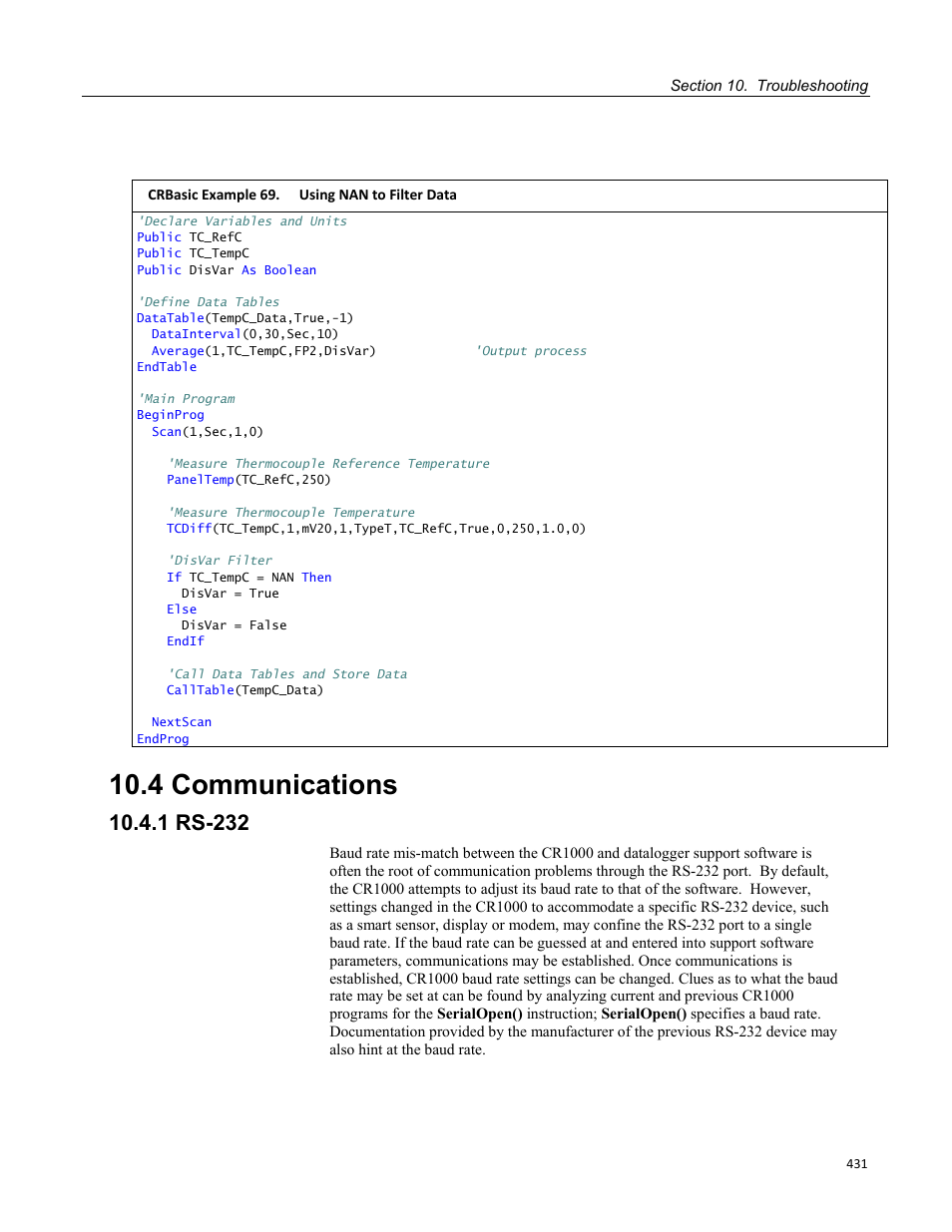 4 communications, 1 rs-232, Crbasic example 69. using nan to filter data | Campbell Scientific CR1000 Measurement and Control System User Manual | Page 431 / 588