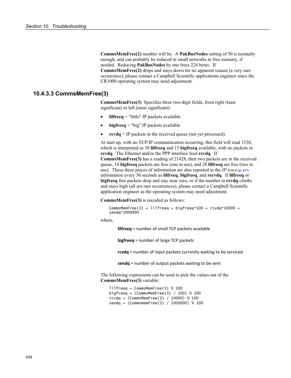 3 commsmemfree(3) | Campbell Scientific CR1000 Measurement and Control System User Manual | Page 434 / 588
