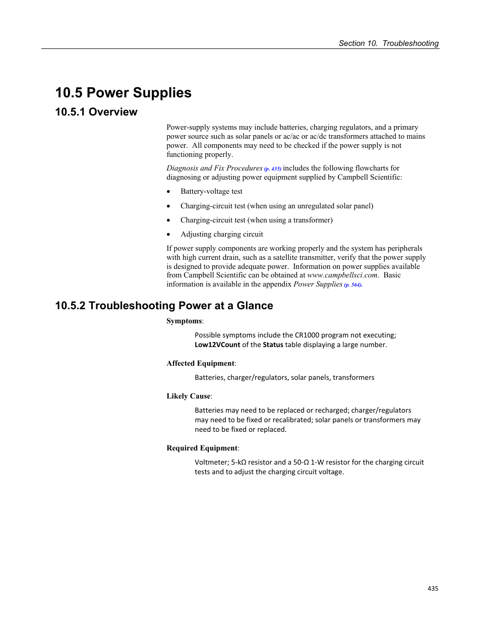 5 power supplies, 1 overview, 2 troubleshooting power at a glance | Campbell Scientific CR1000 Measurement and Control System User Manual | Page 435 / 588