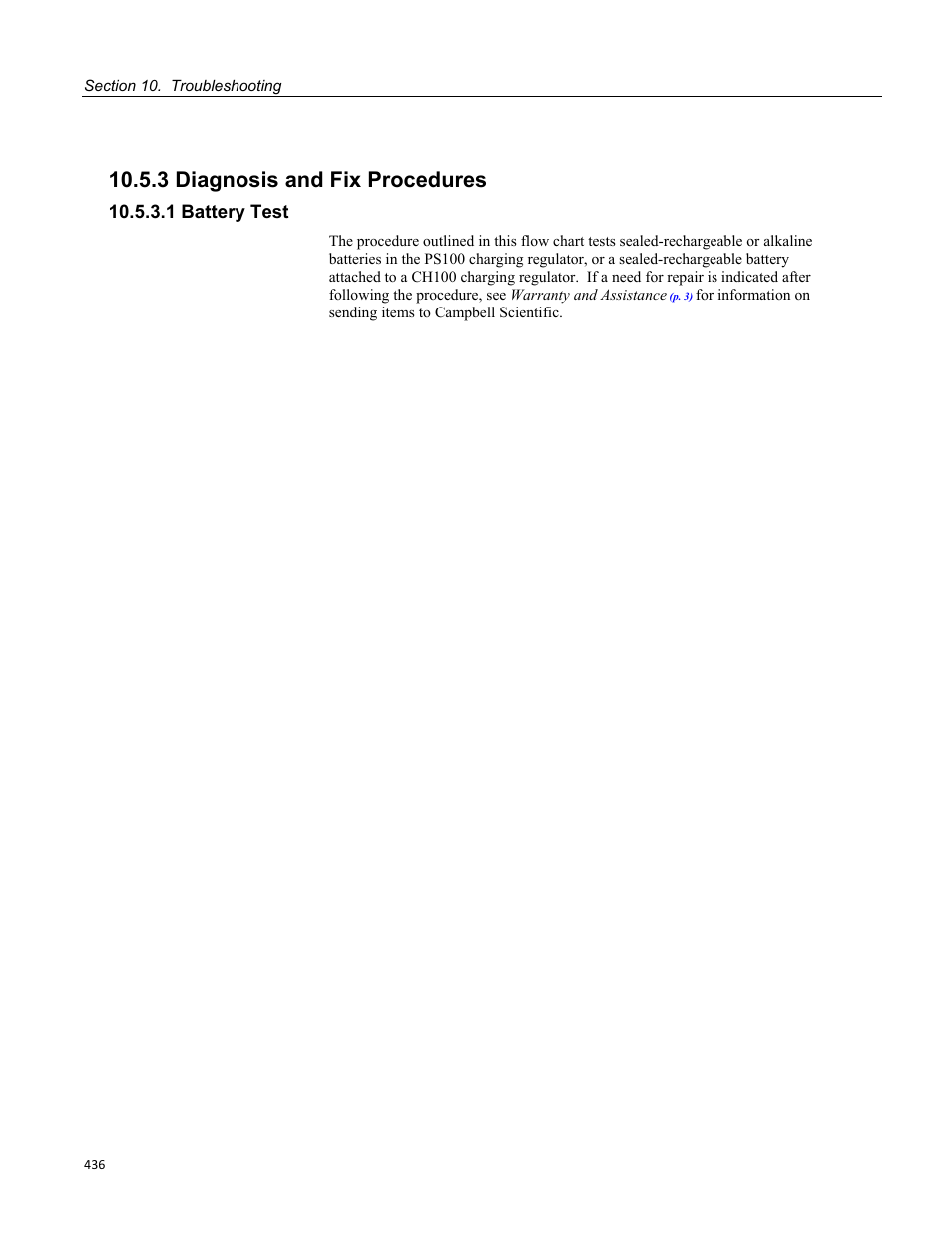 3 diagnosis and fix procedures, 1 battery test | Campbell Scientific CR1000 Measurement and Control System User Manual | Page 436 / 588