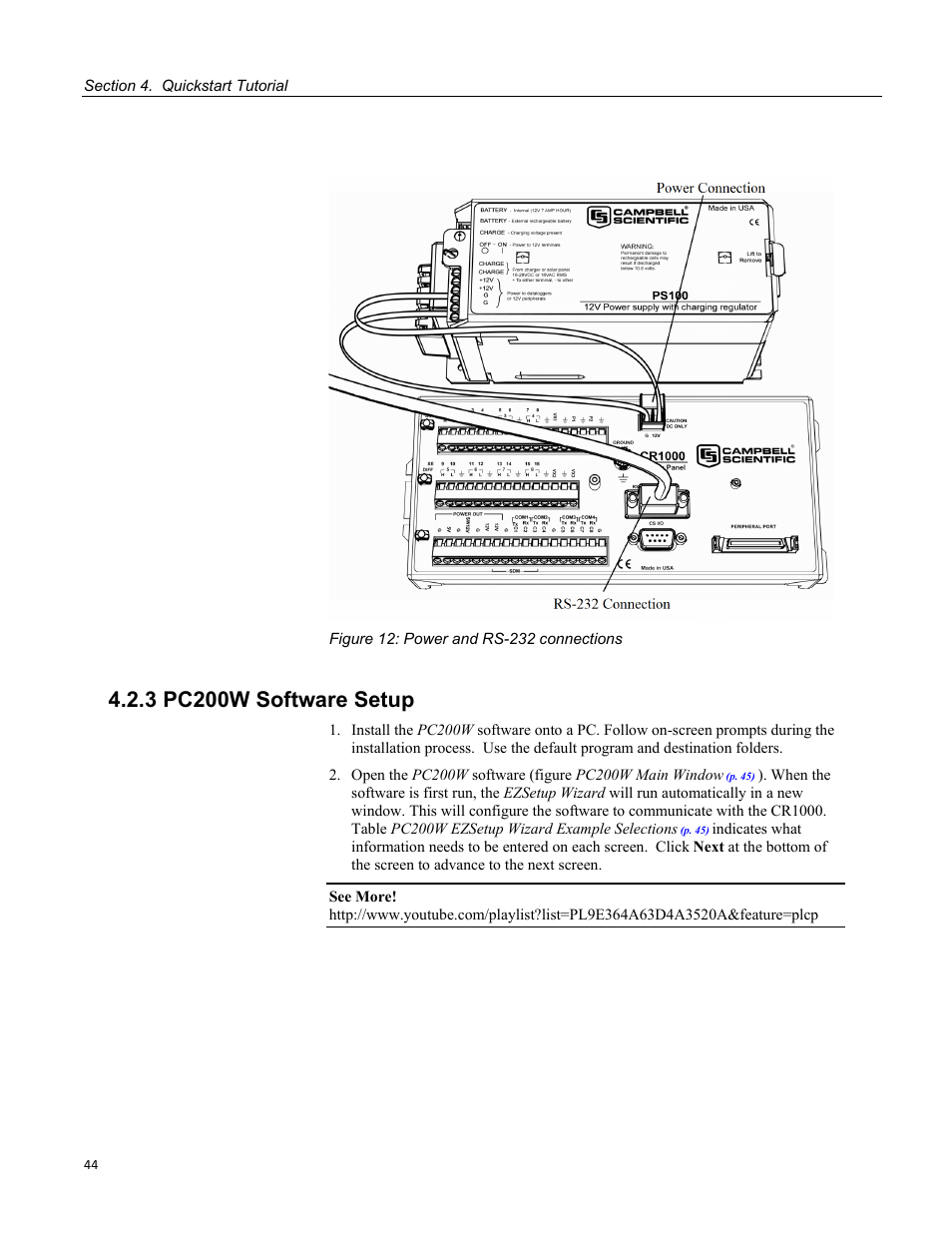 3 pc200w software setup, Figure 12: power and rs-232 connections | Campbell Scientific CR1000 Measurement and Control System User Manual | Page 44 / 588