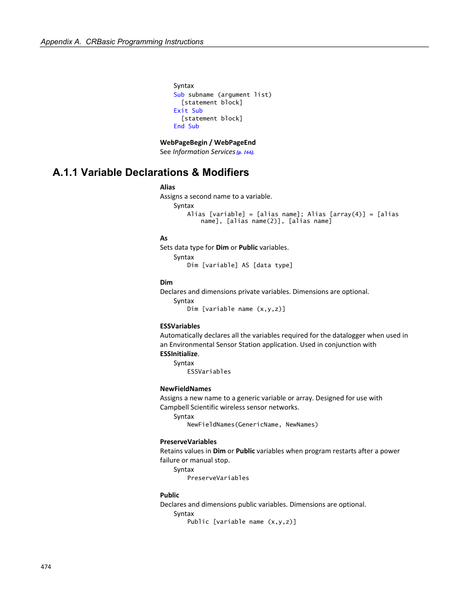 A.1.1 variable declarations & modifiers | Campbell Scientific CR1000 Measurement and Control System User Manual | Page 474 / 588