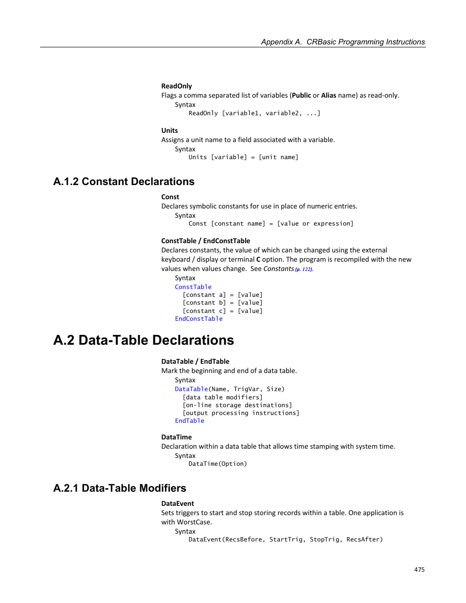 A.1.2 constant declarations, A.2 data-table declarations, A.2.1 data-table modifiers | Campbell Scientific CR1000 Measurement and Control System User Manual | Page 475 / 588